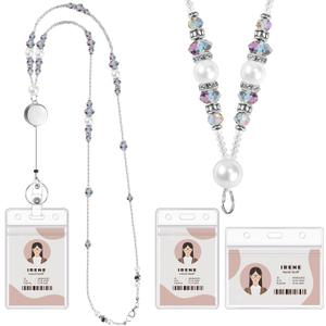 Teacher Lanyards for Id Badges and Keys, Beaded Badge Lanyard with Retractable Reel Pearl Necklace Cute Lanyards for Women (Purple Blue)