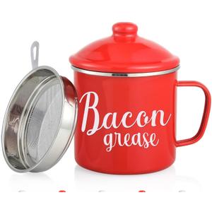 46OZ LARGE Bacon Grease Saver with Fine Mesh Strainer & Handle - Enamel Oil Keeper Container, Bacon Fat Dripping Can - Farmhouse Kitchen Gift & Decor Cooking Accessories - Red, Style 3
