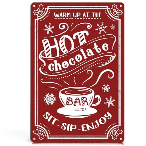 ALREAR Hot Chocolate Sign - Christmas Hot Cocoa Bar Accessories - Coco Station Supplies Decorations - Xmas Party Coffee Bar Decor - Vintage Metal Christmas Signs 12x8 Inches