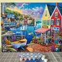 Colorful Coastal Town Digital Paint by Numbers Kits with Brushes and Acrylic Pigment on Canvas Painting for Adults,Summer Seascape DIY Picture Home Decor Yacht/Ship Gifts 16''x20''(DIY Framed