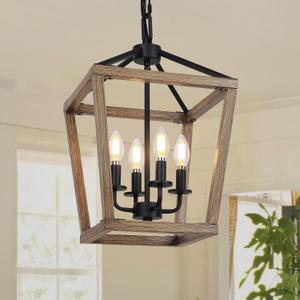 4 Light Farmhouse Chandelier, Rustic Ceiling Light Lantern Light Fixture with Wood Painted Metal Cage and Adjustable Chain, E12 Base Geometric Hanging Light Fixture for Entryway, Kitchen, Indoor (Brown)