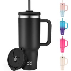 WETOWETO 40oz Tumbler with Handle and Lid | 100% Leakproof Insulated Stainless Steel Travel Mug | Keeps Cold 34Hrs/Hot 10Hrs | Dishwasher Safe, Fits Car Cup Holder (Midnight Black Color)