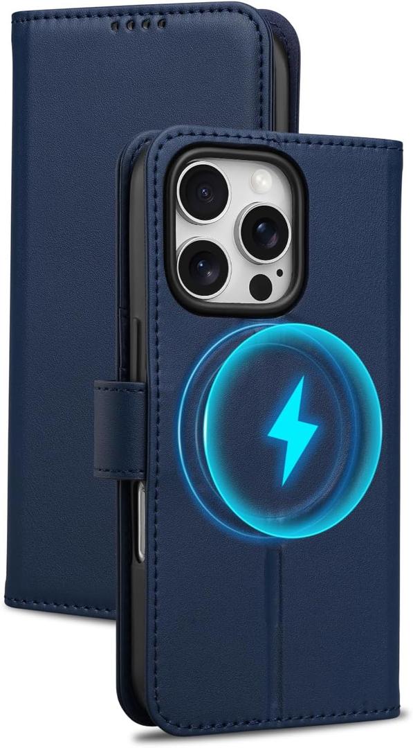Wallet Case for iPhone 16 Pro with Card Holder, RFID Blocking, MagSafe, Kickstand, PU Leather Flip Folio Phone Case Cover Shockproof TPU Inner Shell for iPhone 16 Pro(6.3")-Blue