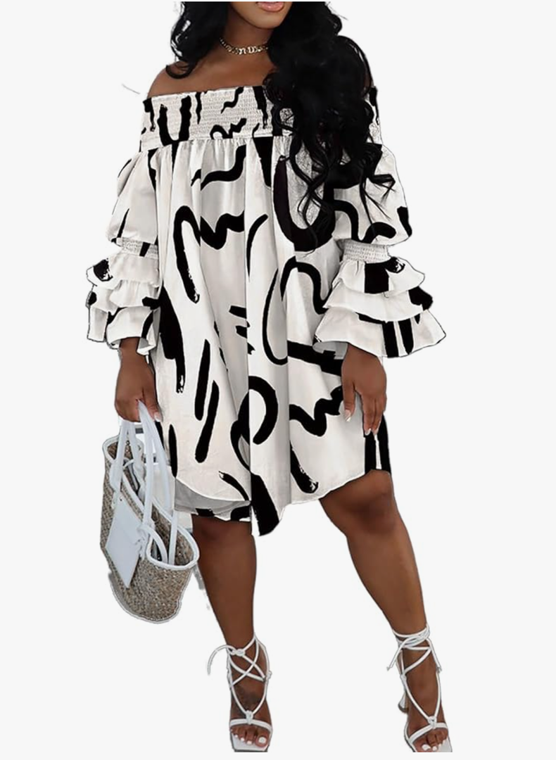 Off Shoulder Dress for Women A-Line Ruffle Sleeve Casual Plus Size Midi Pleated Sundress, Size Large