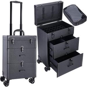Frenessa Rolling Nail Case - Wheeled Vegan Leather Manicure Storage Organizer for Nail Technicians, Cosmetologists, and Stylists, Black