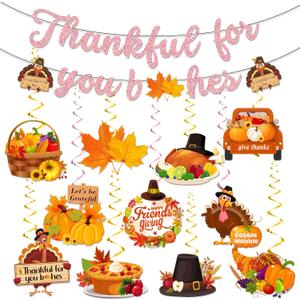 3 x Thanksgiving Party Decorations, Thankful for You Banner Gold GlitterThanksgiving Decor Hanging Swirls for Friendsgiving Party Decorations Supplies