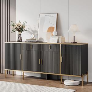 60" Modern Buffet Cabinet with Storage, Buffets & Sideboard with Drawers, Adjustable Shelves, Fluted Doors, Accent Cabinet for Kitchen, Living Room, Hallway, Black