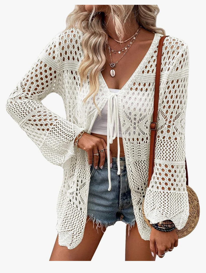 Women's Crochet Cardigan Light Weight Long Sleeve Tie Front Hollow Out Thin Cardigan, M Women's Crochet Cardigan Light Weight Long Sleeve Tie Front Hollow Out Thin Cardigan, M