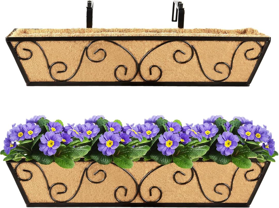 2pcs 24 Inch Window Deck with Coco Liner, 24" Window Boxes Horse Trough with Coconut Coir Liner, Metal Hanging Flower Planter Window Basket Deck Railing Planter Boxes for Outdoor Indoor Lawn