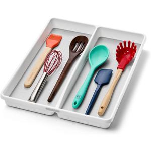 Madesmart Premium 2 Compartment Utensil Tray, Deep Storage for Ladles, Whisks & Serving Tools, Non Slip Lining, for Drawers & Home Organization, White