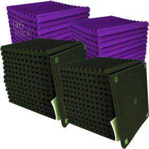 96 Pack Allxinlog Absorb the echo Acoustic Foam Panel Wedge Studio Soundproofing Wall Tiles 12" X 12" X 1" (48Purple+48Black)