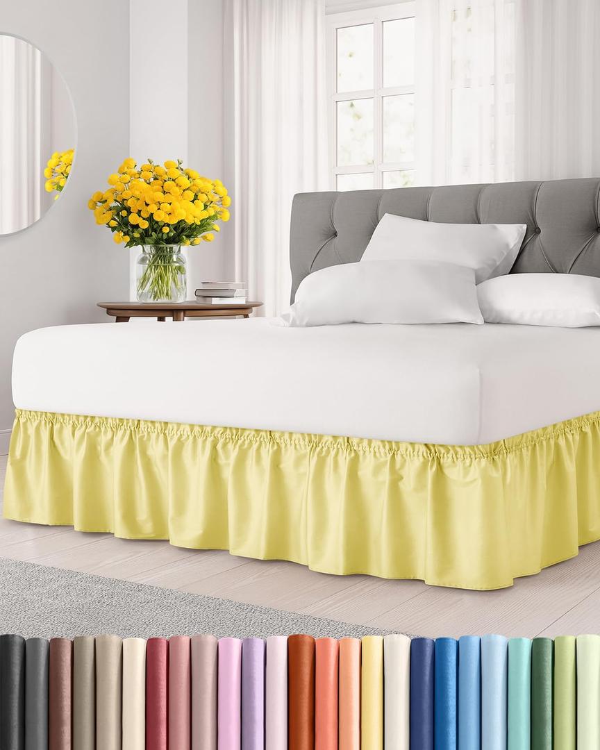 Wrap Around Dust Ruffle Bed Skirt - Yellow - Twin/Twin XL Size Beds with 15 Inch Drop - Easy Fit Elastic Strap - Adjustable Pleated Bedskirt w/Brushed Fabric - Wrinkle Free - Women, Men, Kids & Teens