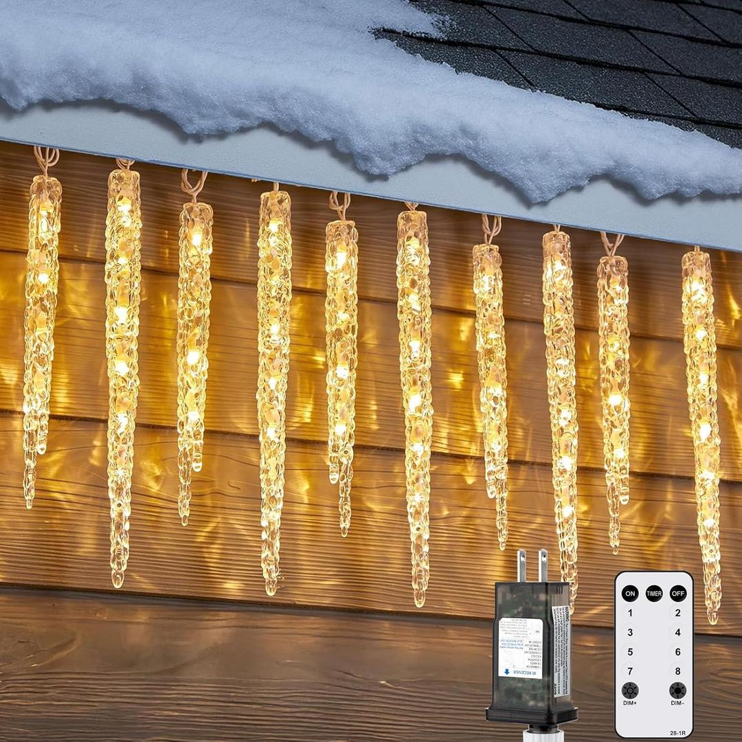 Icicle Lights Outside with Remote, 2 Pack Total 60ft 60 Tubes 300 LED Ice Shape String Lights, Connectable Hanging Christmas Decoration Lights for Tree Patio Roof Holiday Decor, Warm White