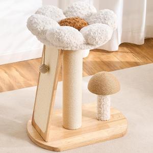 HITTITE Solid Wood Cat Tree Tower, Cat Scratching Post with Bed, 27" Small Flower Cat Tree, Compact Cat Tower with Scratching Pad and Cat Bed, Mushroom Modern Cat Tower for Indoor Cats Large Adult.