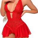 Sexy Lingerie for Women Lace Bodysuit One Piece Teddy Mini Babydoll Mesh Sleepwear V Neck Chemise Nightgowns (Red, L)