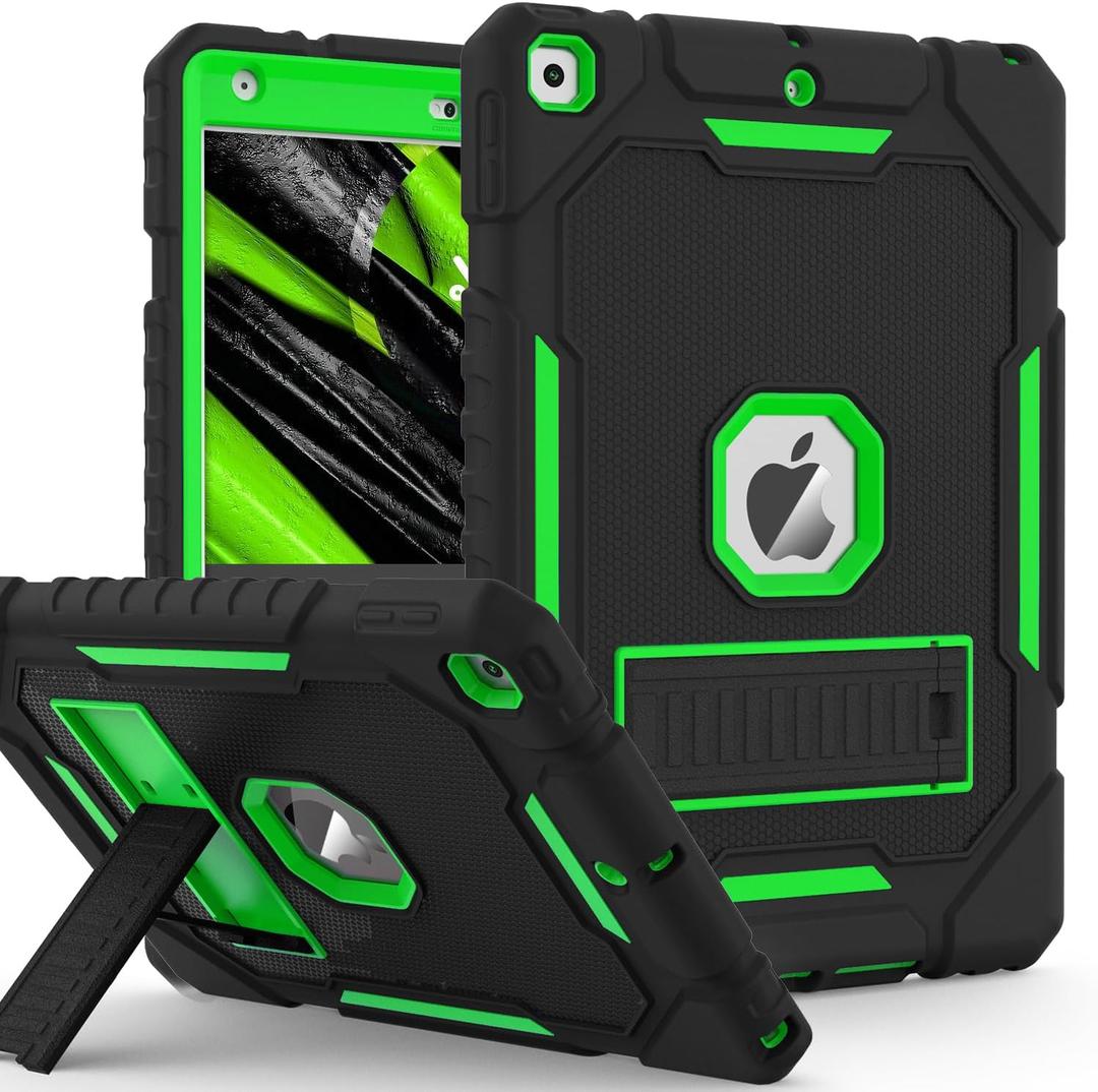 ZoneFoker Case for iPad 9th/8th/7th Generation 2021/2020/2019(10.2 inch), Heavy Duty Military Grade Shockproof Rugged Protective 10.2" Cover with Built-in Stand for iPad 9 8 7 Gen (Black/Green)