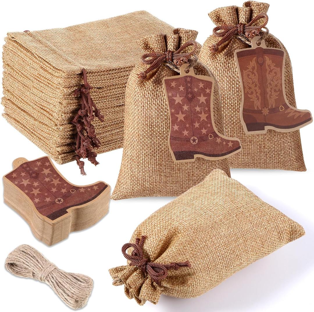 Mooliwe 50 Pcs Burlap Drawstring Bags with Boot Shape Tags, Western Cowgirl Sacks Bulk 4 x 6 Inches Reusable Burlap Candy Pouch for Cowboy Baby Shower Wedding Bachelorette Party Supplies(Brown)