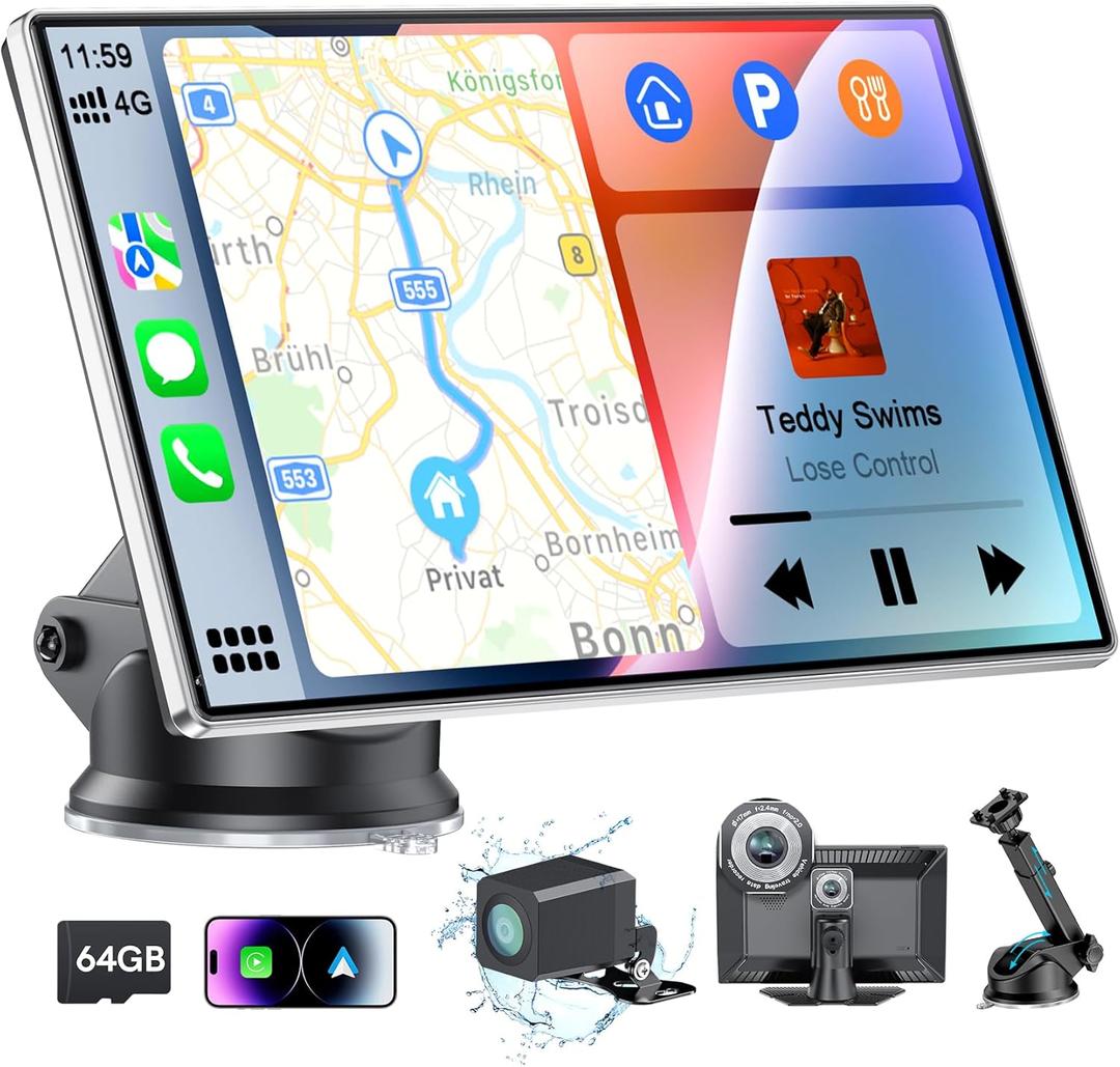 Portable CarPlay Screen for Car,Car Stereo with Apple CarPlay & Android Auto,Incell Touch Screen,4K Dash Cam,1080P Backup Camera,Mirror Link, Voice Control, Bluetooth 5.3,GPS,FM (9 Inch)