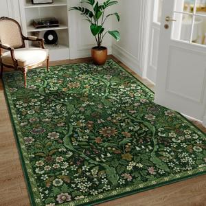 3x5 Dark Green Boho Floral Vintage Area Rug,Soft Lightweight Low Pile Non-Shedding Carpet,Machine Washable Stain Resistant & Non-Slip for Entryway,Bedroom, Kids Room,Living Room