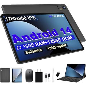 Android 14 Tablet with Keyboard16GB RAM 128GB ROM 1TB Expand, 8000mAh Battery, 10.1 Inch Tablet with 13MP+8MP Camera/Bluetooth/GPS/WiFi/HD Display (Dark Gray)