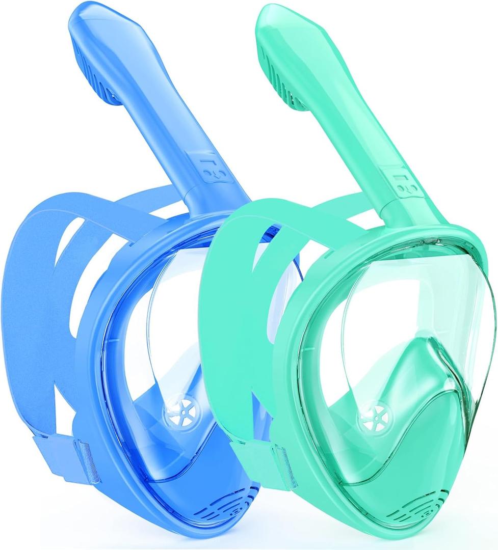 Kids Snorkel Mask Full Face, Snorkeling Gear for Kids 2-14 with Camera Mount, 180 Degree Panoramic View Snorkeling Set Anti-Fog Anti-Leak (Blue+Cyan)