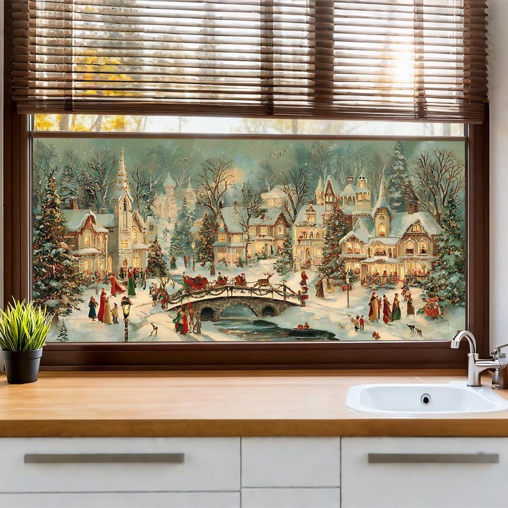 Window Privacy Film 39x17 Inch Vintage Christmas Village Snow Scene Design Peel and Stick Static Cling Decorative Window Film for Holiday Living Room Glass Door (Colorful Window#04)