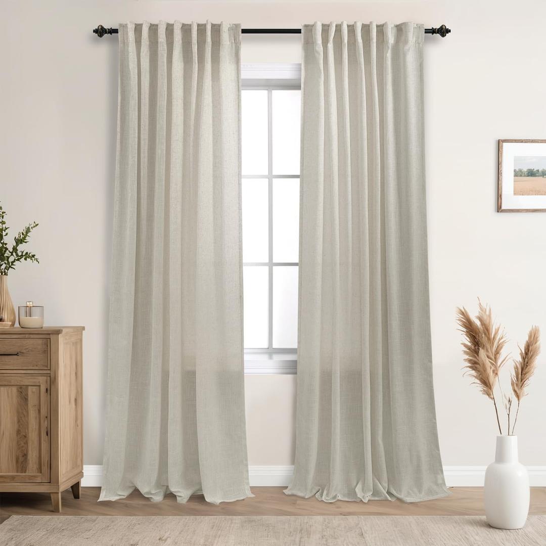 Mrs.Naturall Tan Curtains 84 Inches Long for Living Room, Rustic Farmhouse Country Semi Sheer Gauze Canvas Flax Linen Beige Curtain Drapes for Dining Room Bedroom 84 Inch Length Set 2 Panels, Khaki