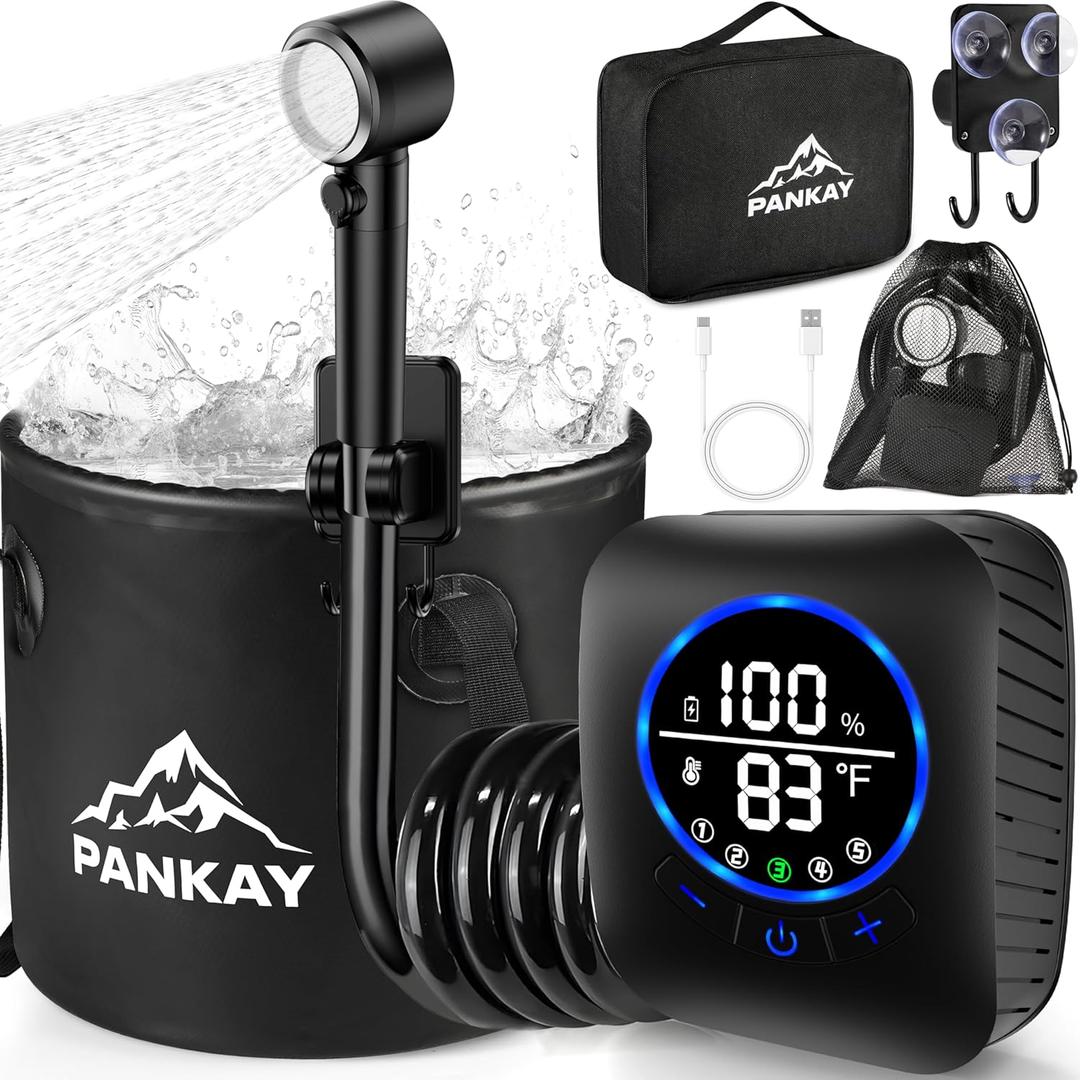 Portable Shower for Camping, 8000mAh Rechargeable Camping Shower Pump with XL Foldable Bucket, IPX8 Waterproof, Surrounding Water Inlet, 5 Pressure Modes Outdoor Shower Pump for Hiking, Travel, Pet