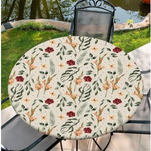 Round Fitted Tablecloth with Elastic Edge, Waterproof Stain Resistant Fabric Table Cover for 45"-48" Round Table, Indoor Outdoor Dining, Kitchen Decor, Camping, Holiday, Party, Wildflowers