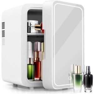 4L Mini Skincare Fridge with Dimmable LED Mirror | Holds 6 Cans | Portable Cooler & Warmer for Cosmetics, Skincare, Bedroom & Office | Compact Refrigerator, White
