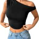 SHENHE Women's Summer One Shoulder Sleeveless Cropped Top Casual Asymmetrical Crop Tank Top (Black,Small)