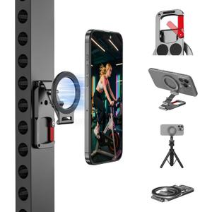 Magnetic Phone Mount for MagSafe, Maglock Tripod Adapter Magnet Golf Gym Workout Stand Metal Carabiner Dual Holder with 1/4 Screw Hole, for iPhone 16 15 14 13 12 Series Foldable Portable Accessories