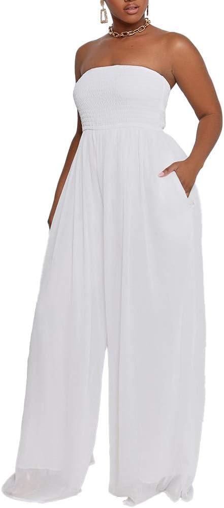 Ophestin Women Casual Solid Chiffon Off Shoulder Smocked Wide Leg Pants One Piece Jumpsuits Rompers (White, XL)