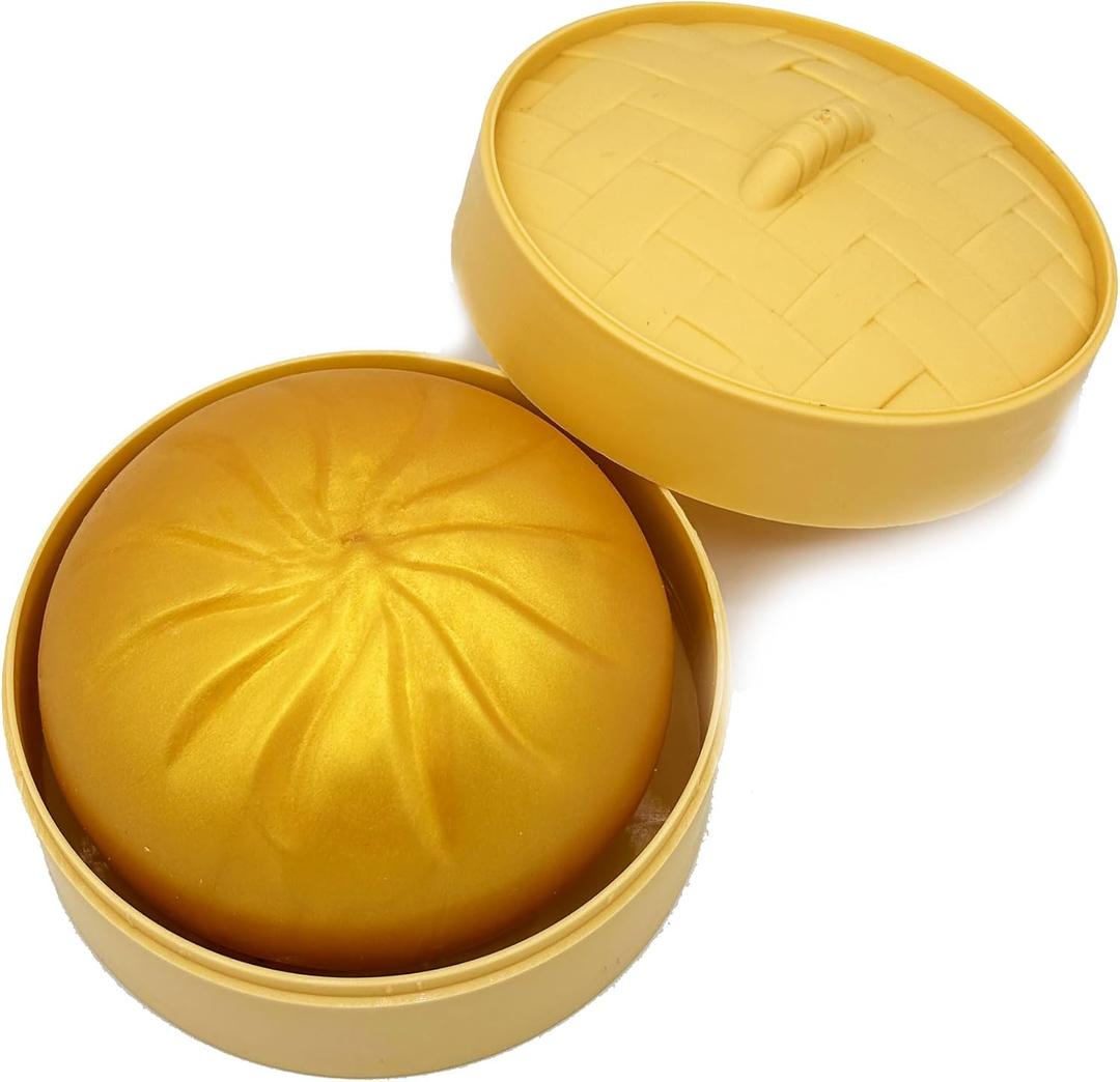 Golden Dumpling Toy with Steamer Case, Funny Squeeze Dough Stress Ball, Realistic Steamed Bun Squeezing Toy for Fidget Sensory Anxiety Relief Calming Travel Accessory Gift