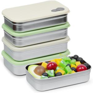 4 Pack Stainless Steel Snack Containers, 22oz Reusable Food Storage Containers with Lids, Metal Meal Prep Lunch Box, Dishwasher Safe, Snack Box Container for Trave & Outdoor Camping (White, Green)