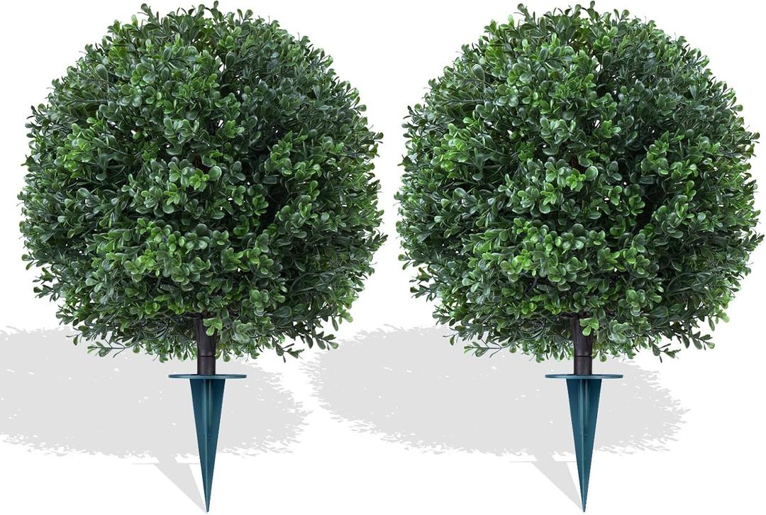 Artificial Boxwood Topiary Trees with Ground Spike,2 Pieces Fake Pine Shrubs Bushes, UV Resistant Faux Evergreen Cypress Tree Plants for Indoor Outdoor Planters Front Porch