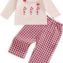 Toddler Boy Valentines Day Outfit Truck Heart Print Sweatshirt Plaid Pants Set Baby Girl Boy Love Clothes (12-18 Months, Red Xmas Santa)