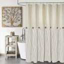 Farmhouse Shower Curtain,Beige and Brown Stripe,Button Curtain,Linen and Cotton Woven Fabric,Rustic Charm Country Chic Style,72x72 in