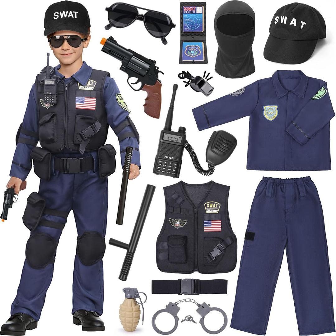 Latocos 15 PCS SWAT Police Officer Costume for Kids with Vest Accessories Cop Dress Up Role Play Set for Halloween Cosplay (S(5-7))