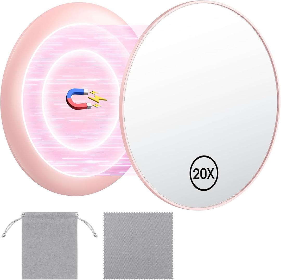 Gospire 20X Magnifying Mirror with Magnetic, 3.5 Inch Round Use for Makeup Application, Compact & Portable Magnified Cosmetic for Travel, Pink