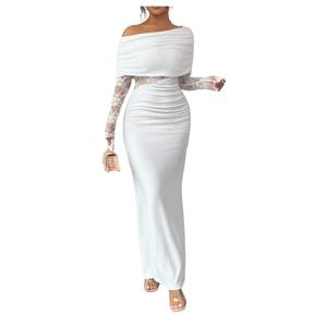 GORGLITTER Women's Long Sleeve Lace Off Shoulder Bodycon Dress Ruched Wedding Guest Bridesmaid Cocktail Maxi Dresses, S