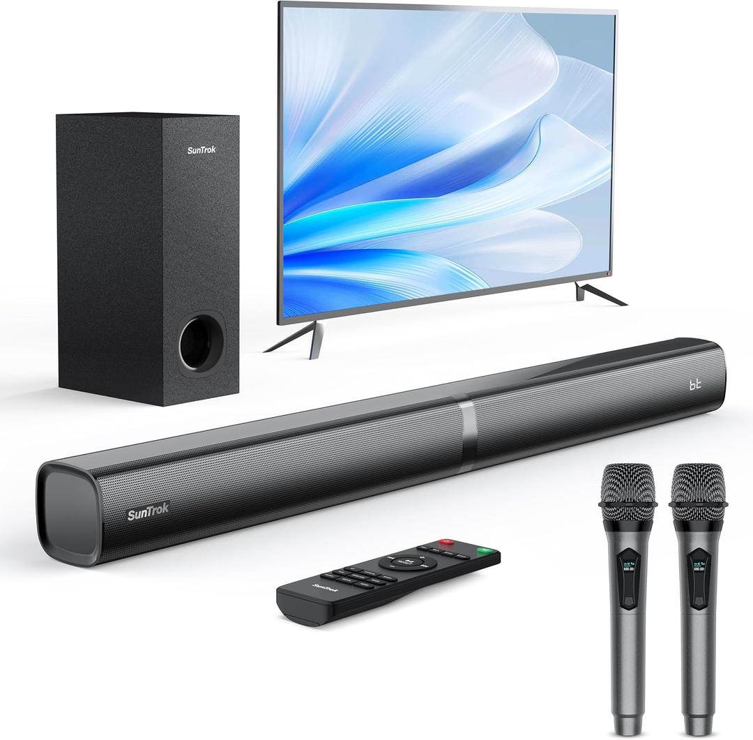 Soundbar with Subwoofer for TV, Home Theater Bluetooth 5.3 Speaker System with 2 Wireless Karaoke Mics, Surround Sound Audio with HDMI ARC, Optical, AUX, USB for Movie, Music, Family Party(Peak 260W)