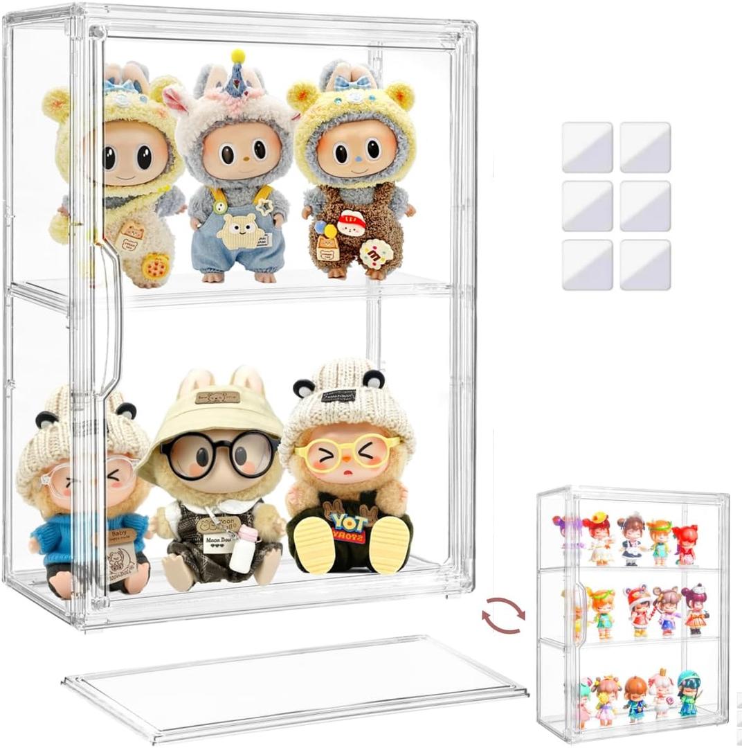 Attelite Acrylic Display Cases for Collectibles,3 Layer Clear Display Case with Magnetic Door,Desktop Clear Showcase with 2 Adjustable Divider Storage Box for Action Figure