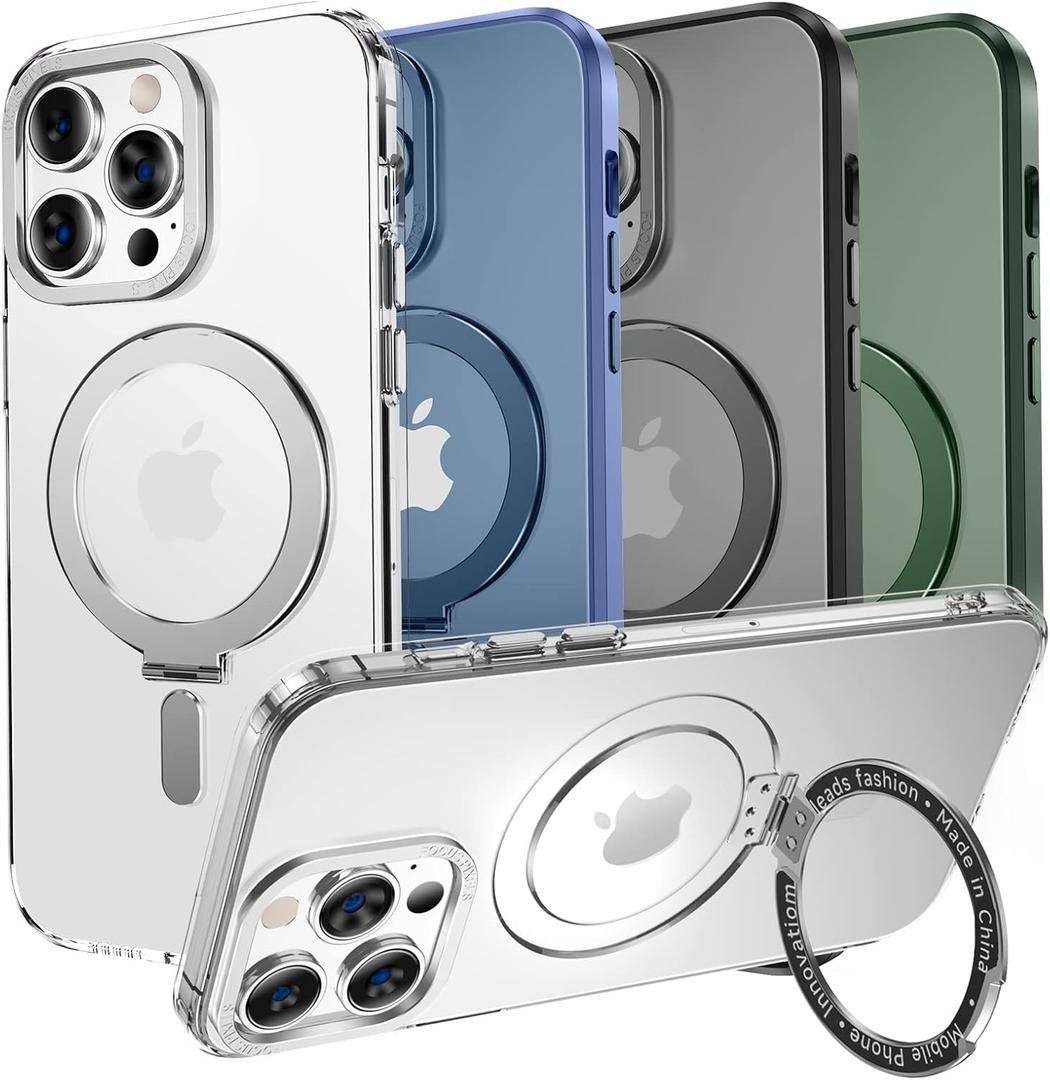 MAGIC JOHN Magnetic Case for iPhone 13 Pro Max Phone Case[Compatible with Magsafe] [with Magnetic Mental Stand][Military Grade Shockproof][Anti Yellowing],Translucent Matte Back with Soft Edge,Clear