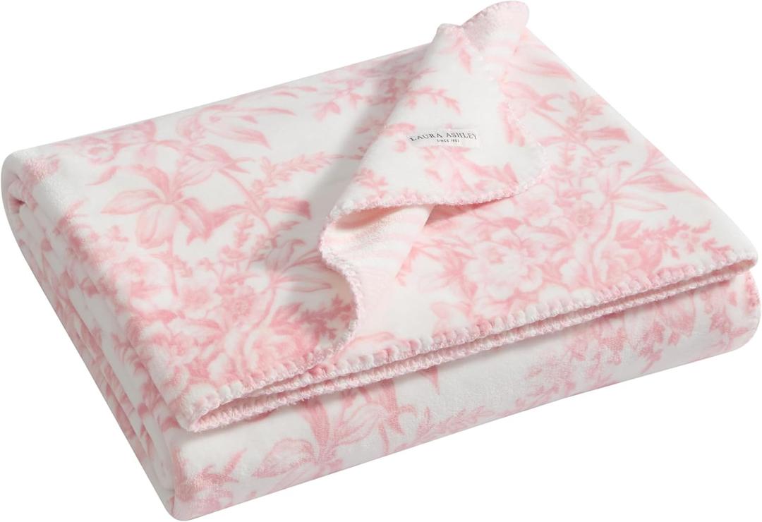 Laura Ashley - Plush Throw Blanket, 50x70, Soft and Warm with a Lightweight Feel, Reversible Floral Design with Stripe Reverse, Bedford Pink Pink