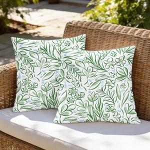 CaliTime Throw Pillow Covers Outdoor Waterproof Pack of 2 Cozy Elegant Blossoming Flowers Leaves Decorative Cushion Cases for Garden Patio Tent Balcony Couch Sofa 18 X 18 Inches Dark Green Baby Blue