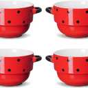 ECODECO 16 oz Ceramic Soup Bowls with Double Handles - Stackable Oven Safe - Red Polka Dot - Set of 4