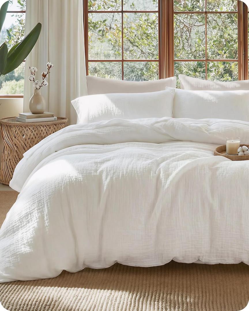 Bedsure 100% Muslin Cotton Duvet Cover King Size - Ultra-Soft Gauze Duvet Cover, PureWoven Breathable & Lightweight Bedding Set with Button Closure and Corner Ties (White, King, 104"x90")