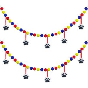 Paw Birthday Banner Decorations, 2 Pack Red Yellow and Blue Pom Poms with 3D Felt Paw Hangings Dog Birthday Party Supplies Photo Booth Props Backdrop Garland, Indoor Outdoor Table Wall Decor for Kids