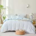 Comforter Queen Set Light Blue Striped Soft Luxury Washed Microfiber Jacquard 3 Pieces Bedding, White Light Blue Vertical Ticking Stripes Comforter with 2 Pillowcases Breathable Durable Comfy